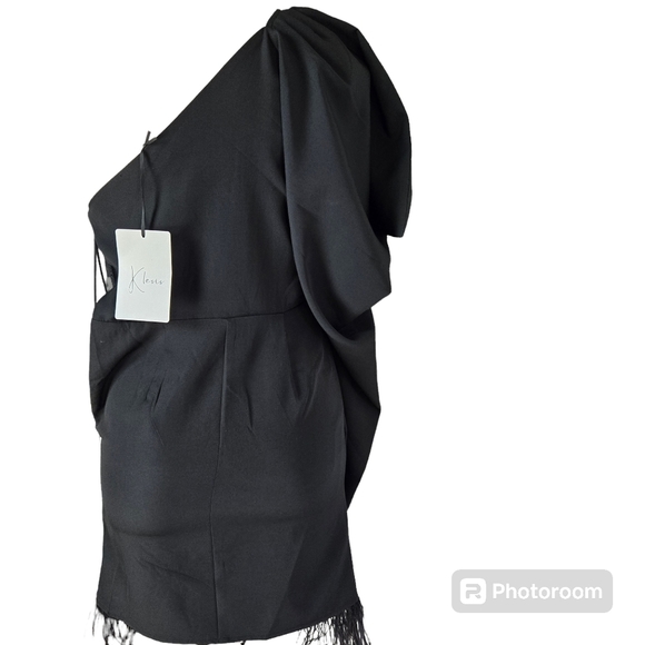 KLESIS BLACK ONE SHOULDER FEATHER MINI DRESS - Picture 6 of 14